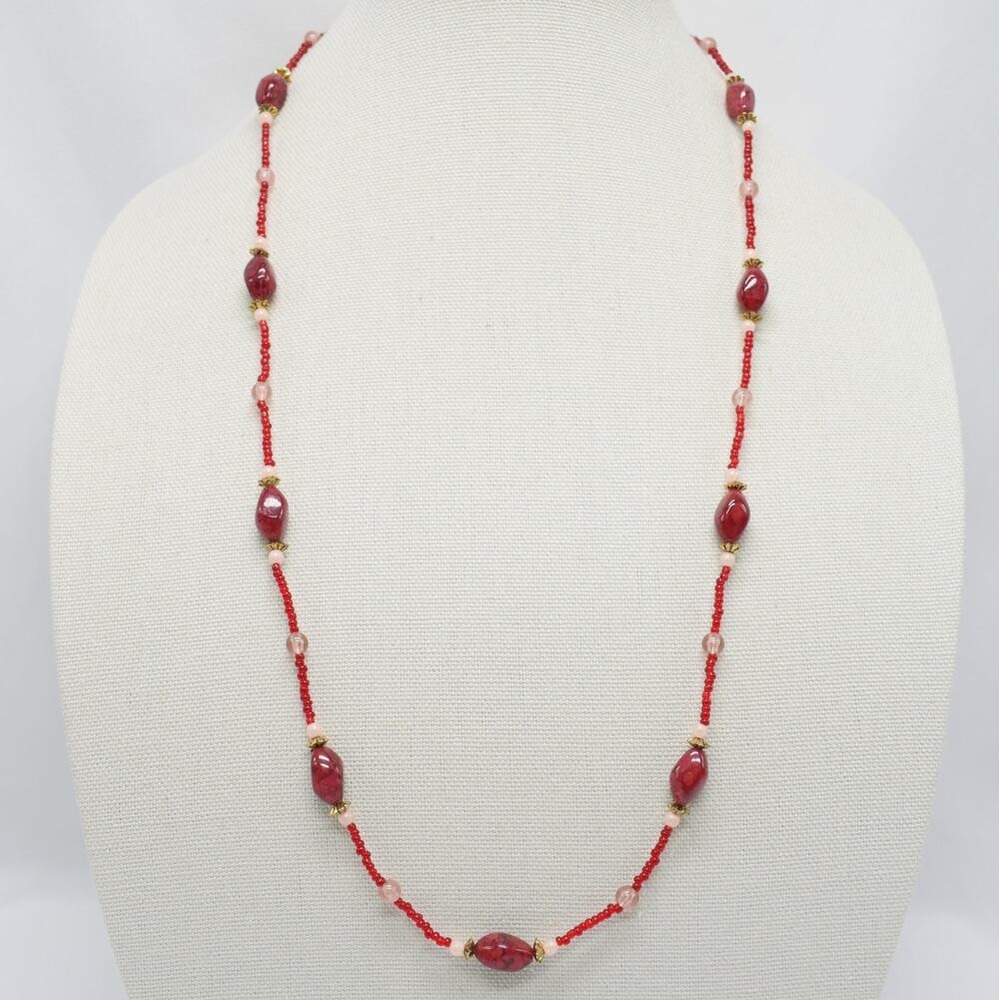 Long Red Acrylic Beaded Necklace Minimalist Layering Strand Fashion Jewelry
